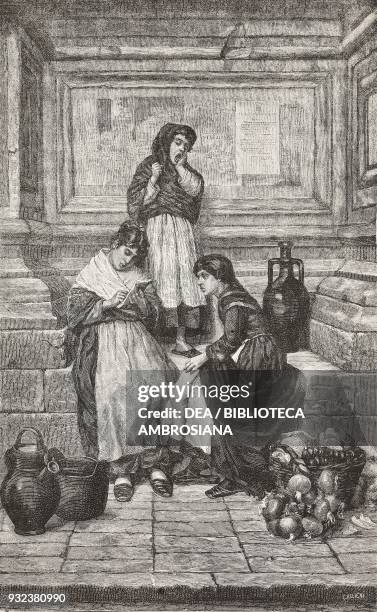 Education and boredom, women with amphoras and baskets of vegetables, engraving from a painting by Luigi Mion presented at the National Exhibition in...