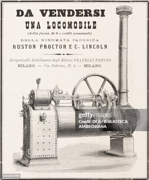 Portable steam engine produced by Ruston Proctor, engraving from L'Illustrazione Italiana, No 43, October 23, 1881.