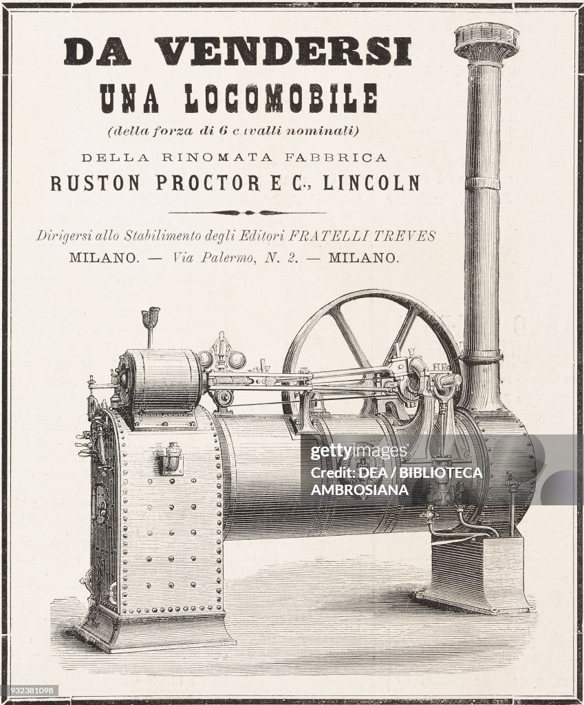 Portable steam engine produced by Ruston Proctor, engraving from ...