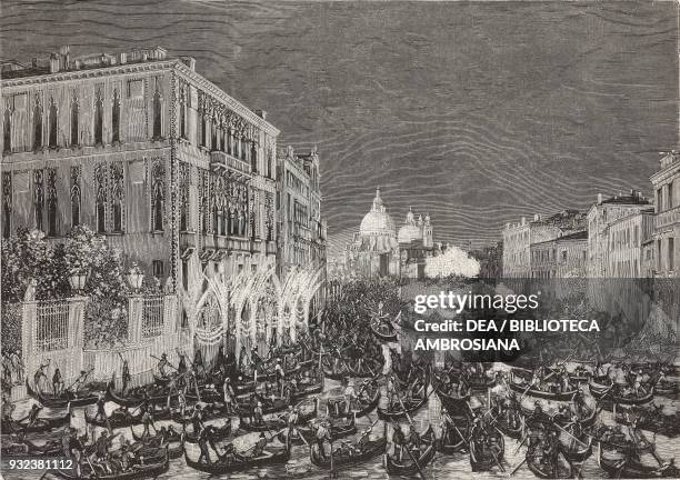 The serenade on the Grand Canal, gondola procession, Venice, Italy, drawing by Dal Don, engraving from L'Illustrazione Italiana, No 43, October 23,...