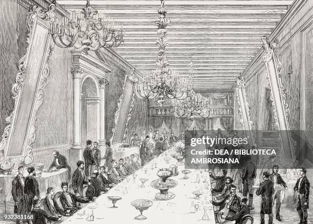 Banquet at the Grand Hotel in honor of the conference participants, geographic exhibition in Venice, Italy, drawing by Dal Don, engraving from...