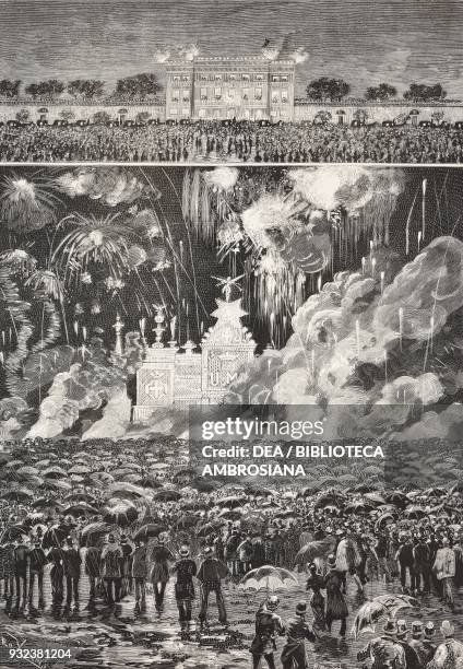 Fireworks in Piazza d'armi to mark the National Exhibition in Milan, Italy, drawing by Edoardo Ximenes, engraving from L'Illustrazione Italiana, No...