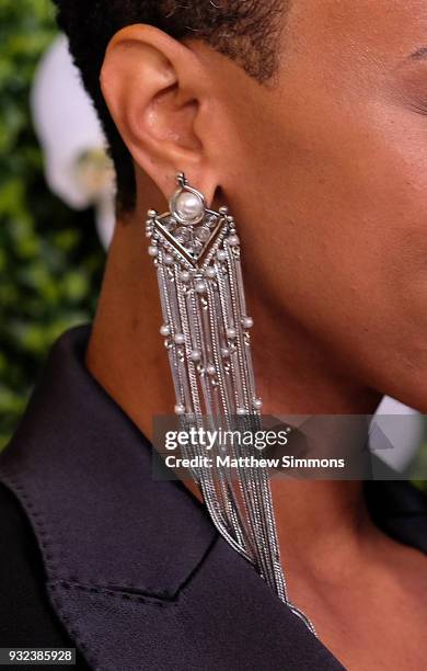 Sonequa Martin-Green, jewelry detail, attends The EYEspeak Summit hosted by CBS at Pacific Design Center on March 14, 2018 in West Hollywood,...