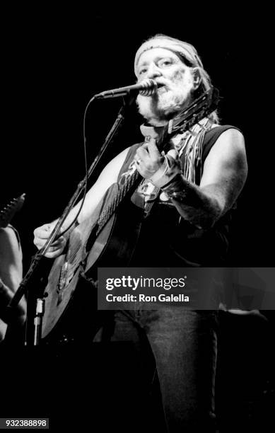 Willie Nelson performs in concert on July 7, 1986 at Pier 84 in New York City.