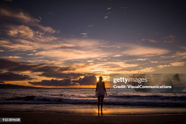 tropical sunset on beach in maui. - waimea bay stock pictures, royalty-free photos & images