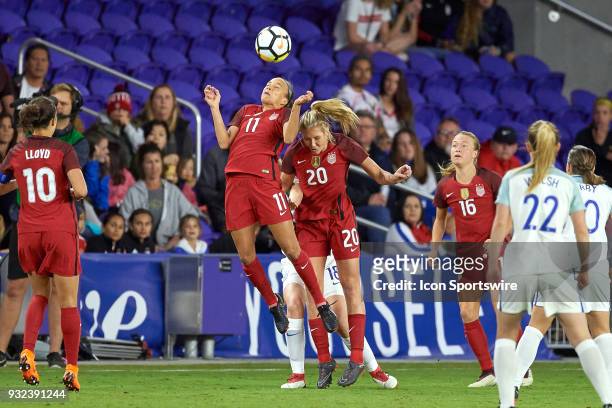 United States forward Mallory Pugh and United States midfielder Allie Long head the ball during the SheBelieves Cup match between USA and England on...
