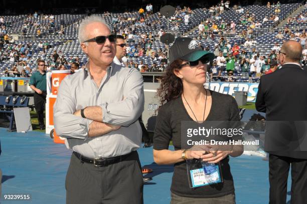Owner Jeffrey Lurie and wife Christina Weiss Lurie of the Philadelphia Eagles talk during the game against the San Diego Chargers on November 15,...