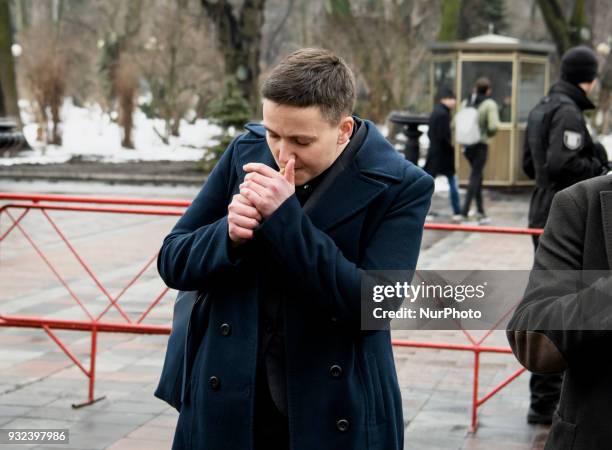 Member of Ukrainian parliament Nadiya Savchenko near Ukrainian Parliament after questioning in the SBU in Kyiv, Ukraine