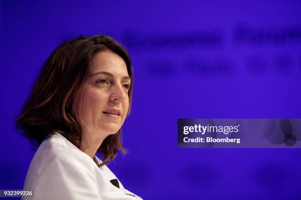 Paula Bellizia, president of Microsoft DO Brasil Ltd. Latin America, listens during the World Economic Forum on Latin America in Sao Paulo, Brazil,...