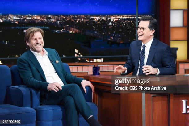 The Late Show with Stephen Colbert and guest Sean Bean during Wednesday's March 14, 2018 show.