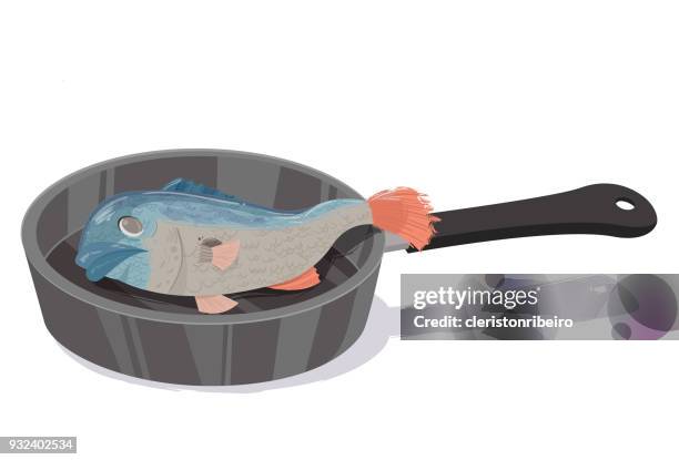 the frying pan and the fish - cozinheiro stock illustrations