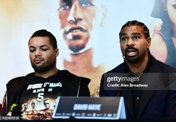 David Haye talks during a press conference at Chino Latino, Park Plaza Riverbank on March 15, 2018 in London, England. The Double Header Fight Night...