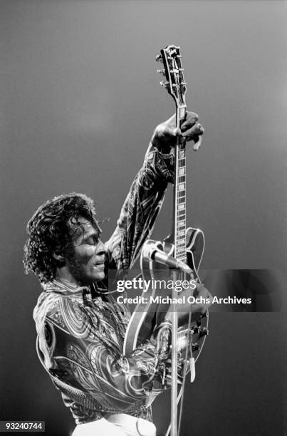 Rock N Roll pioneer Chuck Berry performs live at Madison Square Garden on October 15, 1971 in New York City, New York.