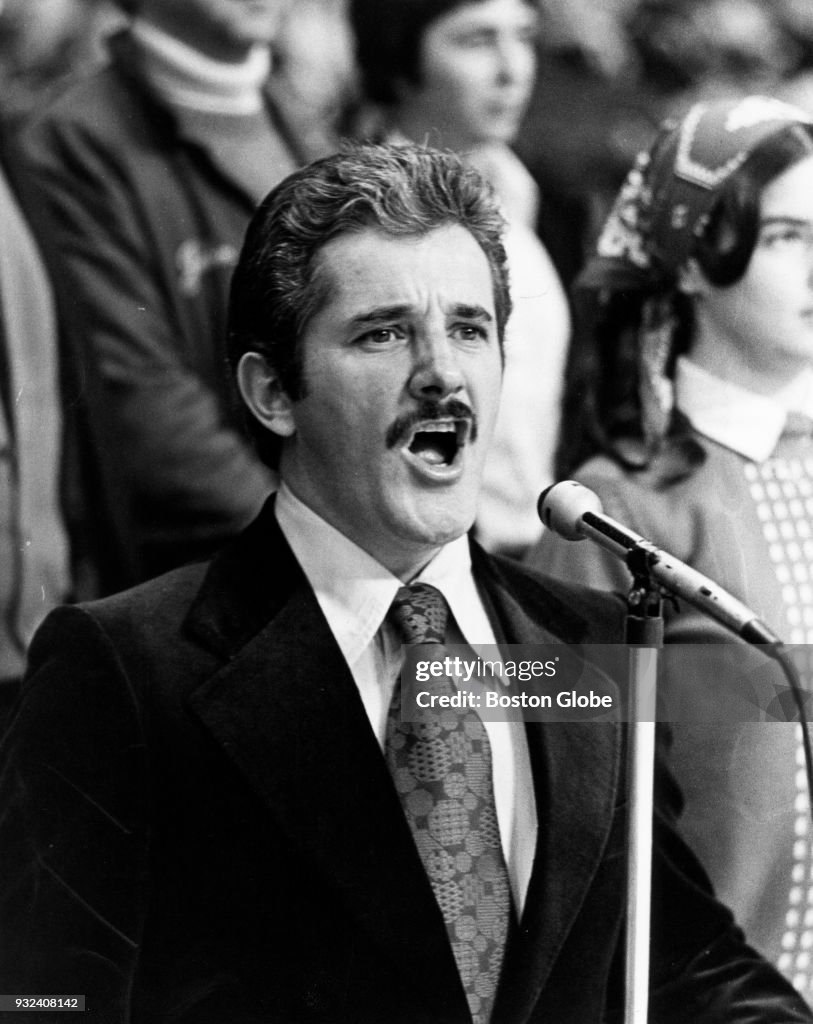 Rene Rancourt sings the National Anthem before an NHL game between ...