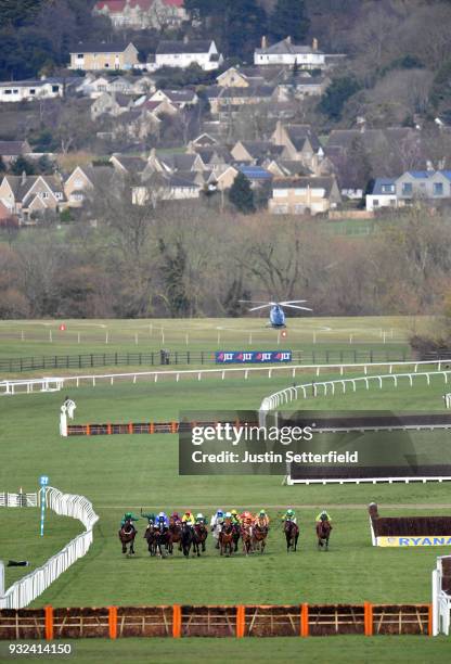 Penhill ridden by Paul Townend approach the last fence ahead of Supasundae ridden by Robbie Power on their way to victory in the Sun Bets StayersÕ...