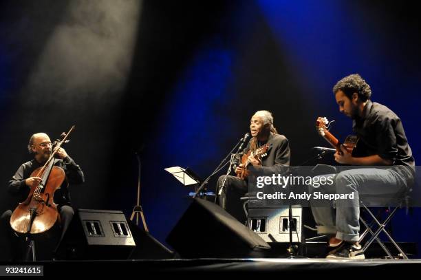 Jaques Morelenbaum, Gilberto Gil and Bem Gil perform on stage at Royal Festival Hall as part of the London Jazz Festival 2009 on November 19, 2009 in...