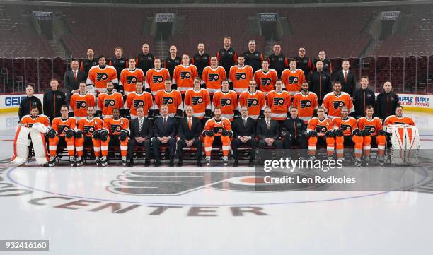 Members of the Philadelphia Flyers pose for their official 2017-2018 team photo on March 14, 2018 at the Wells Fargo Center in Philadelphia,...