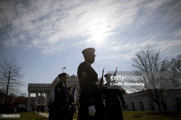 Military members stand guard before the arrival of U.S. President Donald Trump and Leo Varadkar, Ireland's prime minister, not pictured, at the White...