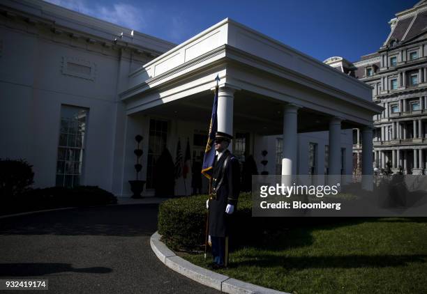 Military member stands guard before the arrival of U.S. President Donald Trump and Leo Varadkar, Ireland's prime minister, not pictured, at the White...