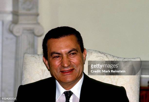 View of Egyptian President Hosni Mubarak in the White House's Oval Office during a state visit, Washington DC, January 28, 1988.