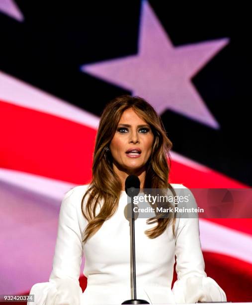 Former model Melania Trump speaks from the podium on first night of Republican National Convention at Quicken Loans Arena, Cleveland, Ohio, July 18,...