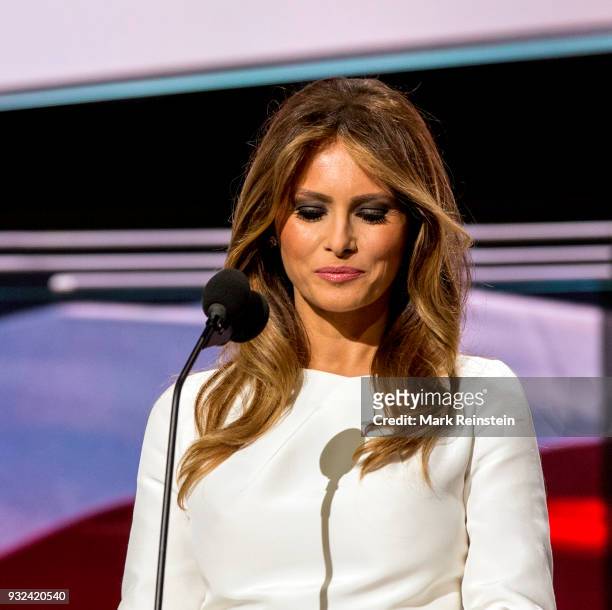 Former model Melania Trump speaks from the podium on first night of Republican National Convention at Quicken Loans Arena, Cleveland, Ohio, July 18,...