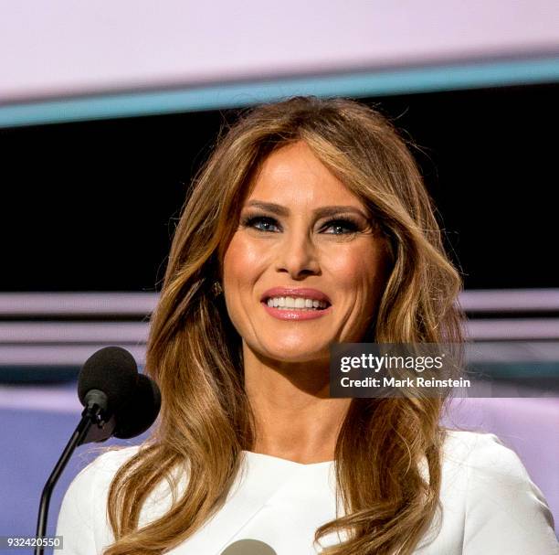 Former model Melania Trump speaks from the podium on first night of Republican National Convention at Quicken Loans Arena, Cleveland, Ohio, July 18,...