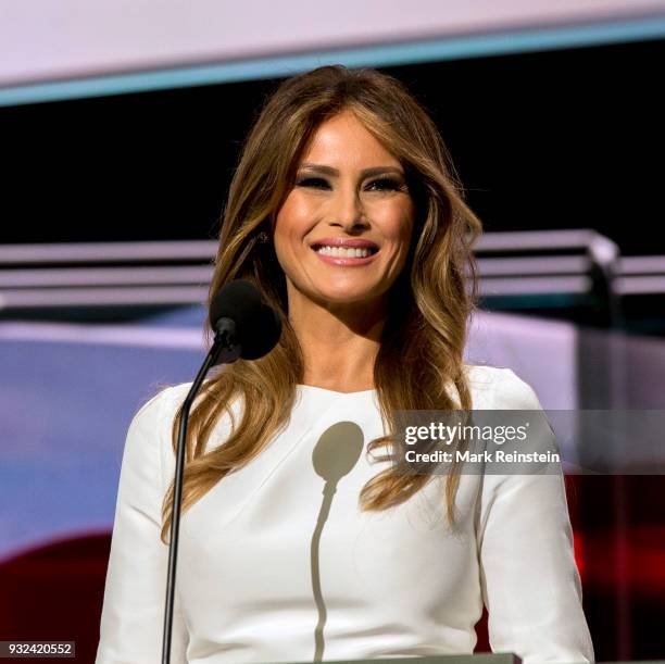 Former model Melania Trump speaks from the podium on first night of Republican National Convention at Quicken Loans Arena, Cleveland, Ohio, July 18,...