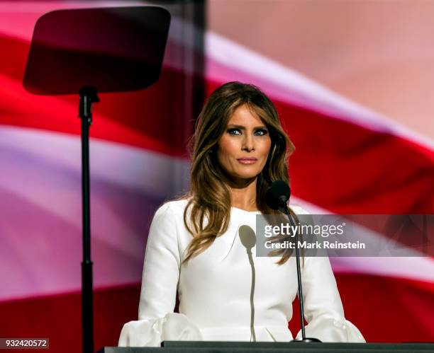 Former model Melania Trump speaks from the podium on first night of Republican National Convention at Quicken Loans Arena, Cleveland, Ohio, July 18,...