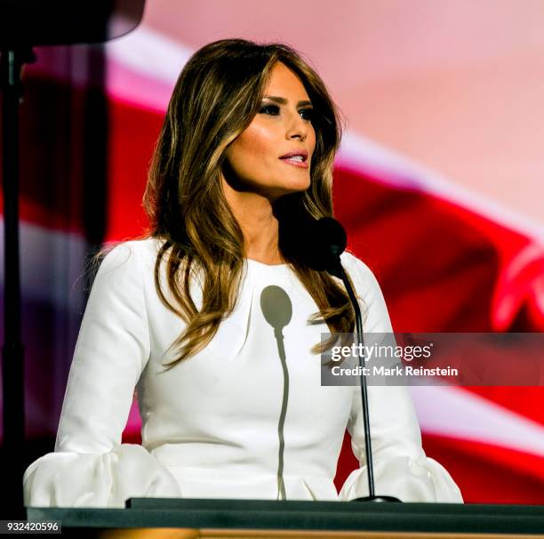 Former model Melania Trump speaks from the podium on first night of Republican National Convention at Quicken Loans Arena, Cleveland, Ohio, July 18,...