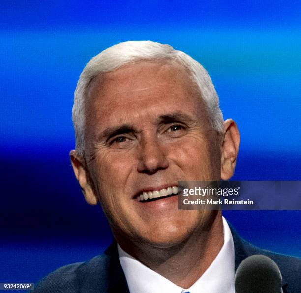 Close-up of American politician Indiana Governor and vice-presidential candidate Mike Pence onstage during the Republican National Convention at...