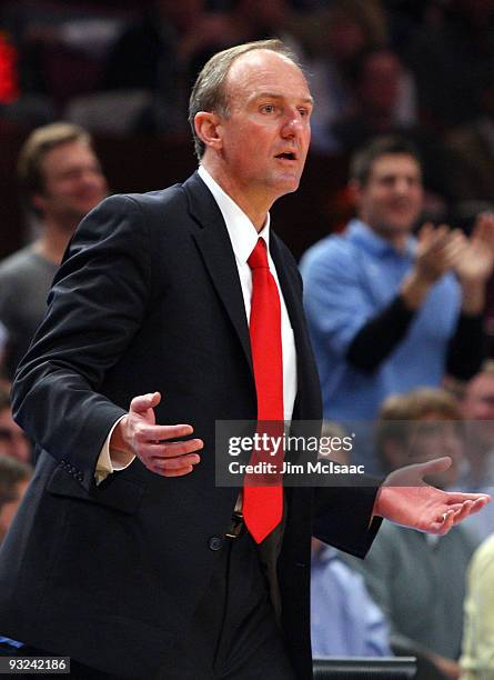 Head coach Thad Matta of the Ohio State Buckeyes looks on against the North Carolina Tar Heels during their semifinal game of the 2K Sports Classic...