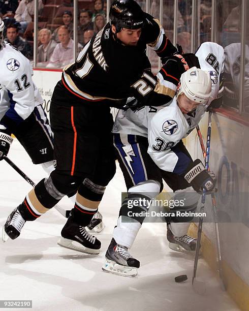 Paul Szczechura of the Tampa Bay Lighting battles to keep control of the puck alongside the boards against Sheldon Brookbank of the Anaheim Ducks...