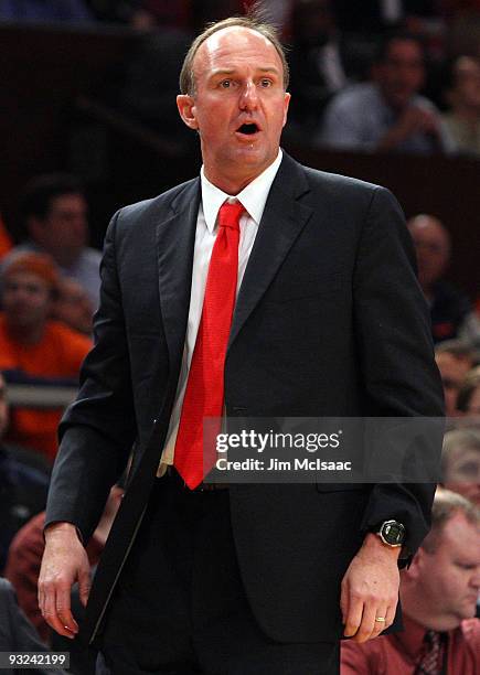 Head coach Thad Matta of the Ohio State Buckeyes looks on against the North Carolina Tar Heels during their semifinal game of the 2K Sports Classic...