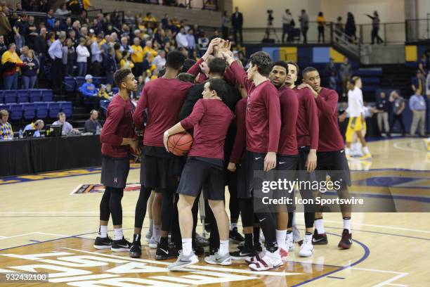 The Harvard Crimson huddle during a National Invitation Tournament game between the Marquette Golden Eagles and the Harvard Crimson at the Al McGuire...