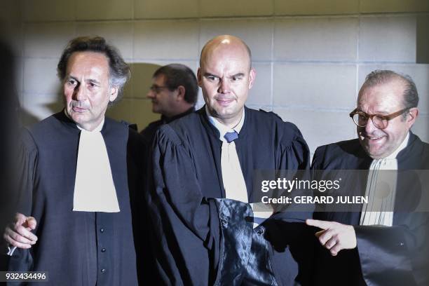 Lawyers for Laura Smet Pierre-Olivier Sur, Emmanuel Ravanas and Herve Temime talk to journalists at the Nanterre Regional Court in Nanterre, near...