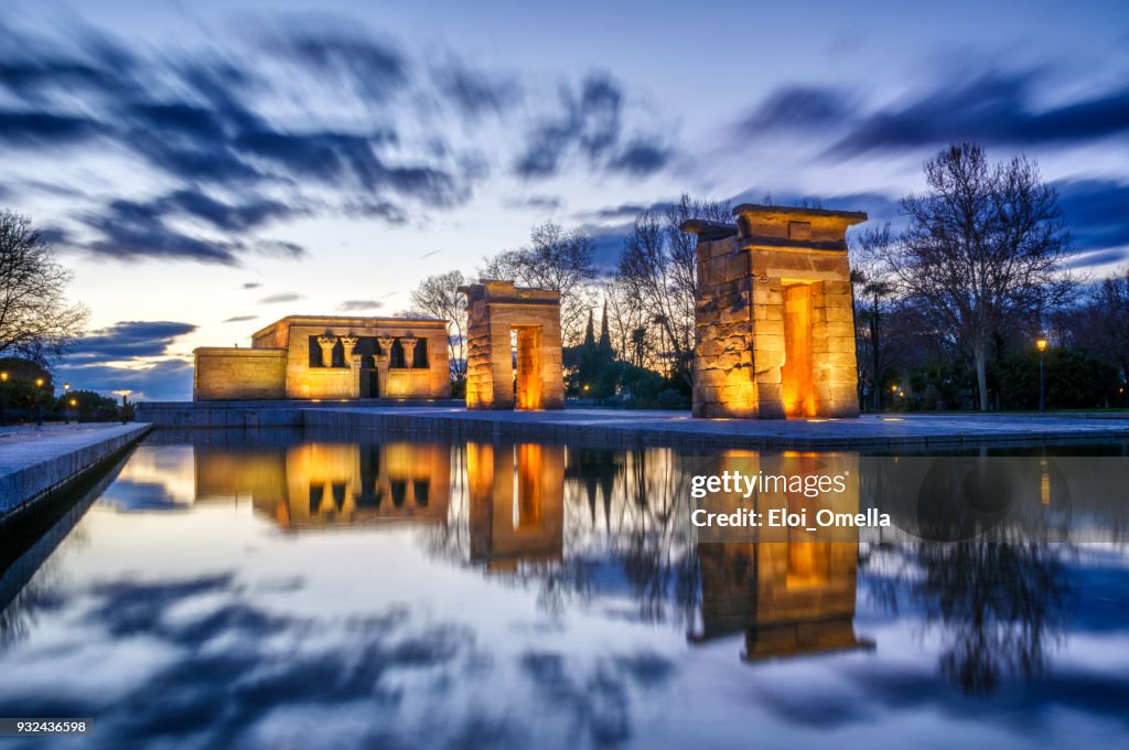 Long exposure Sunset view of Temple of Debod in City of Madrid, Spain