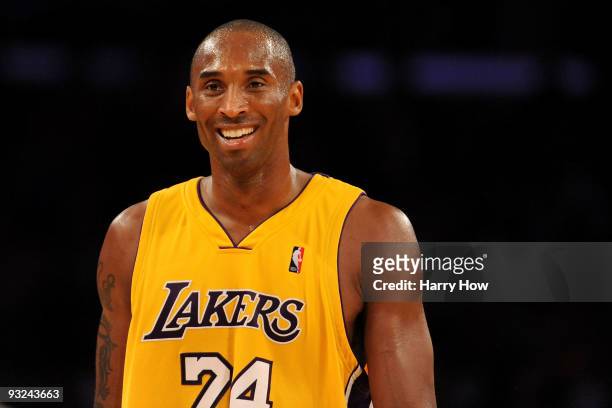 Kobe Bryant of the Los Angeles Lakers smiles in the fourth quarter during the game against the Chicago Bulls on November 19, 2009 at Staples Center...