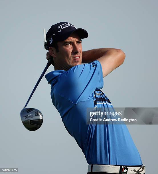 Ross Fisher of England hits his tee-shot on the second hole during the second round of the Dubai World Championship on the Earth Course, Jumeirah...