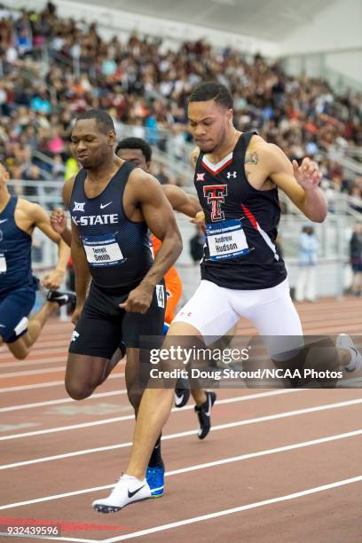 Andrew Hudson of Texas Tech University wins Heat 4 of the Mens 200 Meter Dash over Terrell Smith of Kansas State University during the Division I...