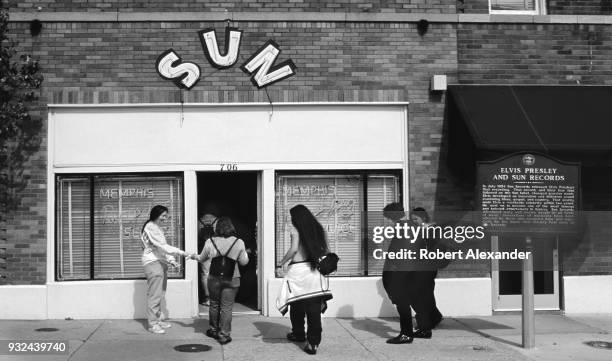 Tourists enter Sun Studio in Memphis, Tennessee, home of the Memphis Recording Service known as the 'Birthplace of Rock 'n' Roll' where Elvis Presley...