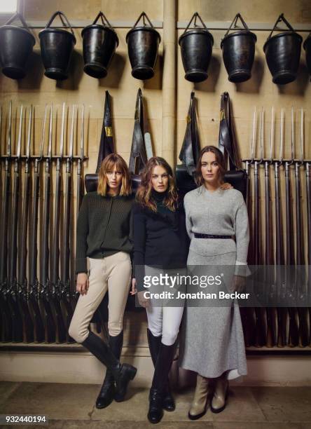 Ladies Alice, Violet, and Eliza Manners are photographed for Vanity Fair Magazine on June 24, 2016 in the Pre-Guardroom of Belvoir Castle, their...