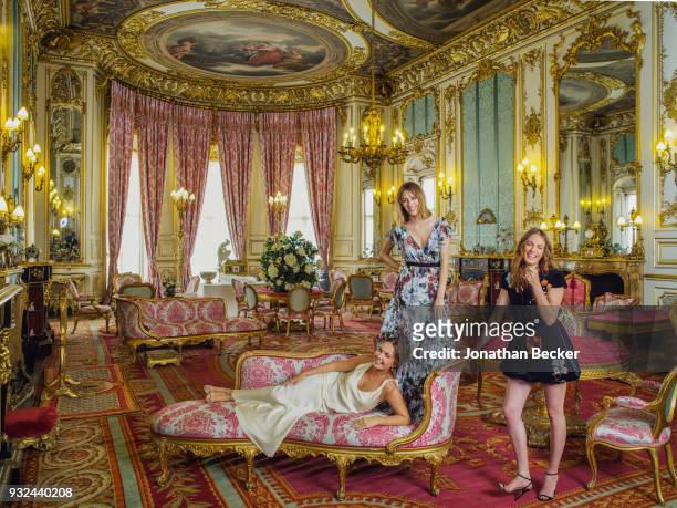 Ladies Eliza, Alice, and Violet Manners are photographed for Vanity Fair Magazine on June 24, 2016 in the Elizabeth Saloon of Belvoir Castle, their...