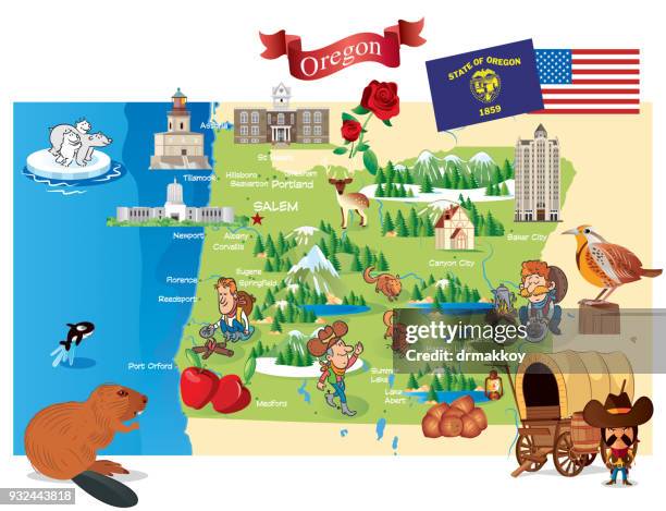 cartoon map of oregon - portland oregon stock illustrations