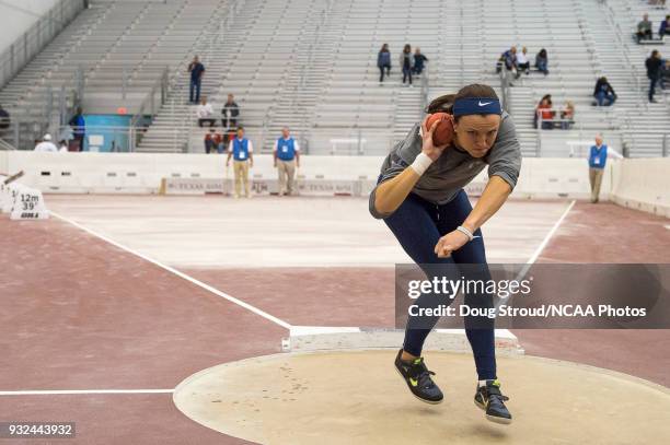 Madeline Holberg of Penn State University warms up for the Shot Put portion of the Women's Pentathlon during the Division I Men's and Women's Indoor...