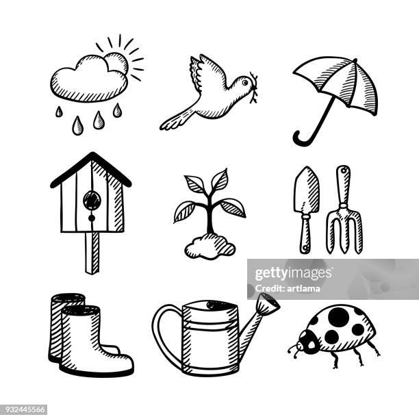 ilustrações de stock, clip art, desenhos animados e ícones de gardening doodle set - galocha