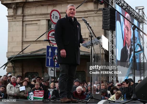 Former Hungarian Prime Minister, leader of party DK, Ferenc Gyurcsany delivers a speech during a demonstration of the Democratic Coalition party and...