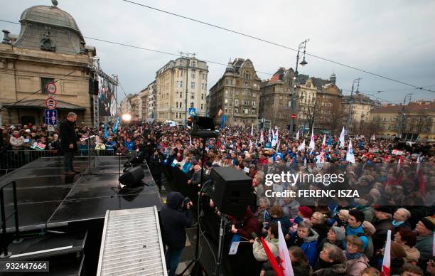 Former Hungarian Prime Minister, leader of party DK, Ferenc Gyurcsany delivers a speech during a demonstration of the Democratic Coalition party and...