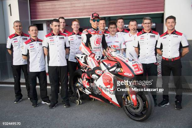 Takaaki Nakagami of Japan and LCR Honda Idemitsu poses with team and bike on pit during the MotoGP of Qatar - Previews at Losail Circuit on March 15,...