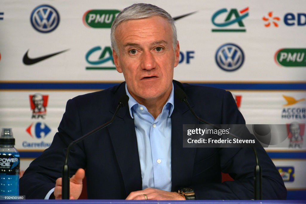 Coach of France Soccer Team Didier Deschamps Gives A Press Conference In Paris